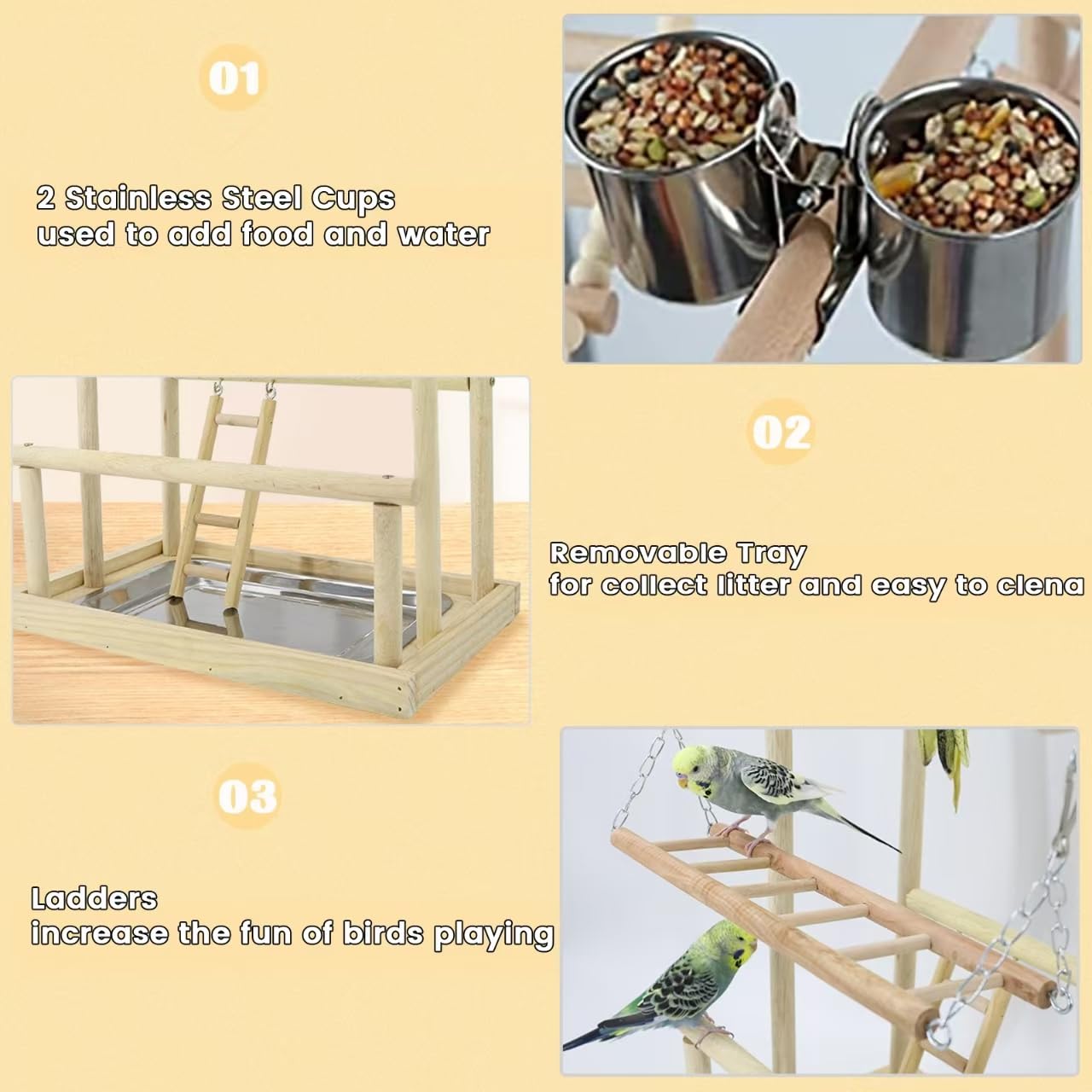 Parque de Juegos para Pájaros Gimnasio para Aves Stand Área de Juego con Soporte Perchas Columpio Escalera Bandeja para Agapornis, Loros, Madera, Tamaño 40x26x45.5 CM — view 6
