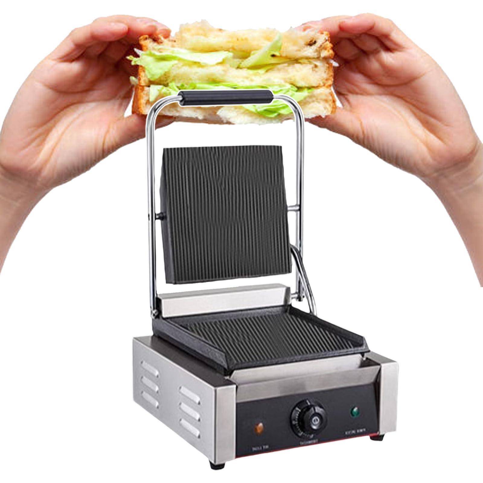 SENJINGHUA Commercial Panini Press Grill, Electric Stainless Steel Sandwich Panini Maker Non-Stick, Temperature Control 122℉-572℉, for Hamburgers, Steaks, Bacons,110V