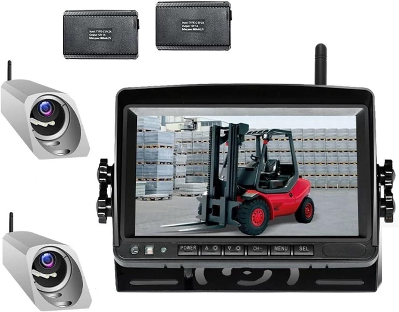 Digital Wireless 7 Inch Split Screen Monitor 2X Front View Cameras Magnetic Base Power Bank for Forklift(2CAM)