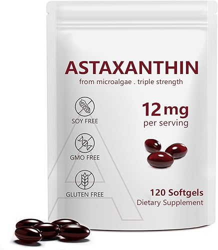 Astaxantina 12 mg, 120 cápsulas blandas, suministro para 4 meses, suplementos antioxidantes de astaxantina premium con actividad antioxidante, apoya