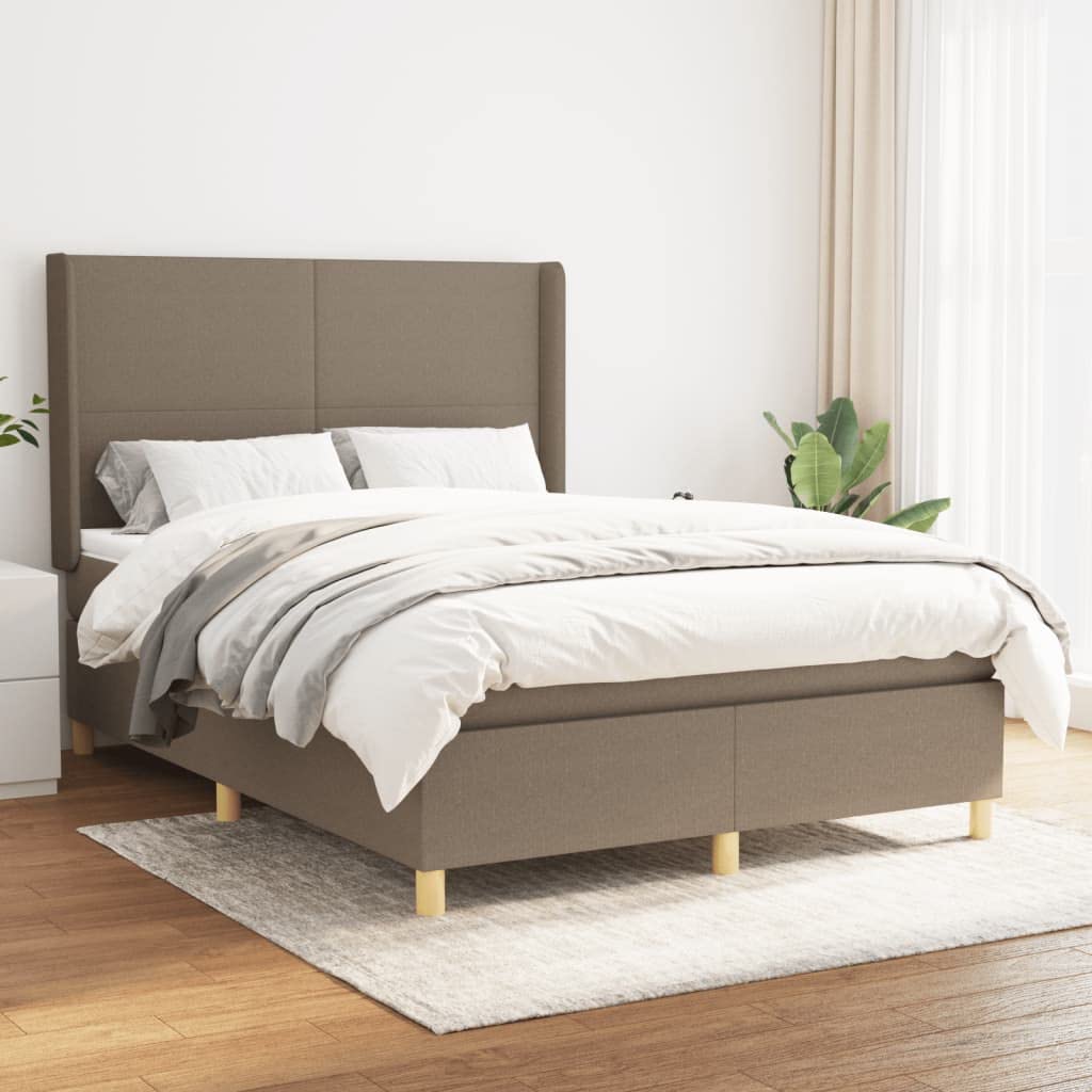 tkanina regulowany zagłówek sprężyny kieszeniowe taupe 140x190 cm | Łóżko kontynentalne z materacem 140x190 cm taupe tkanina z regulowanym zagłówkiem średnio twarde