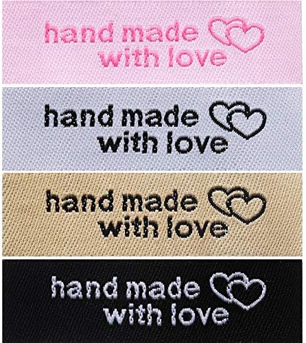 120 Pieces Personalized Sewing Labels Sew on Clothing Labels Handmade Interlocking Heart Pattern Label Tags for Handmade Items Clothes, White, Black, Pink, Brown