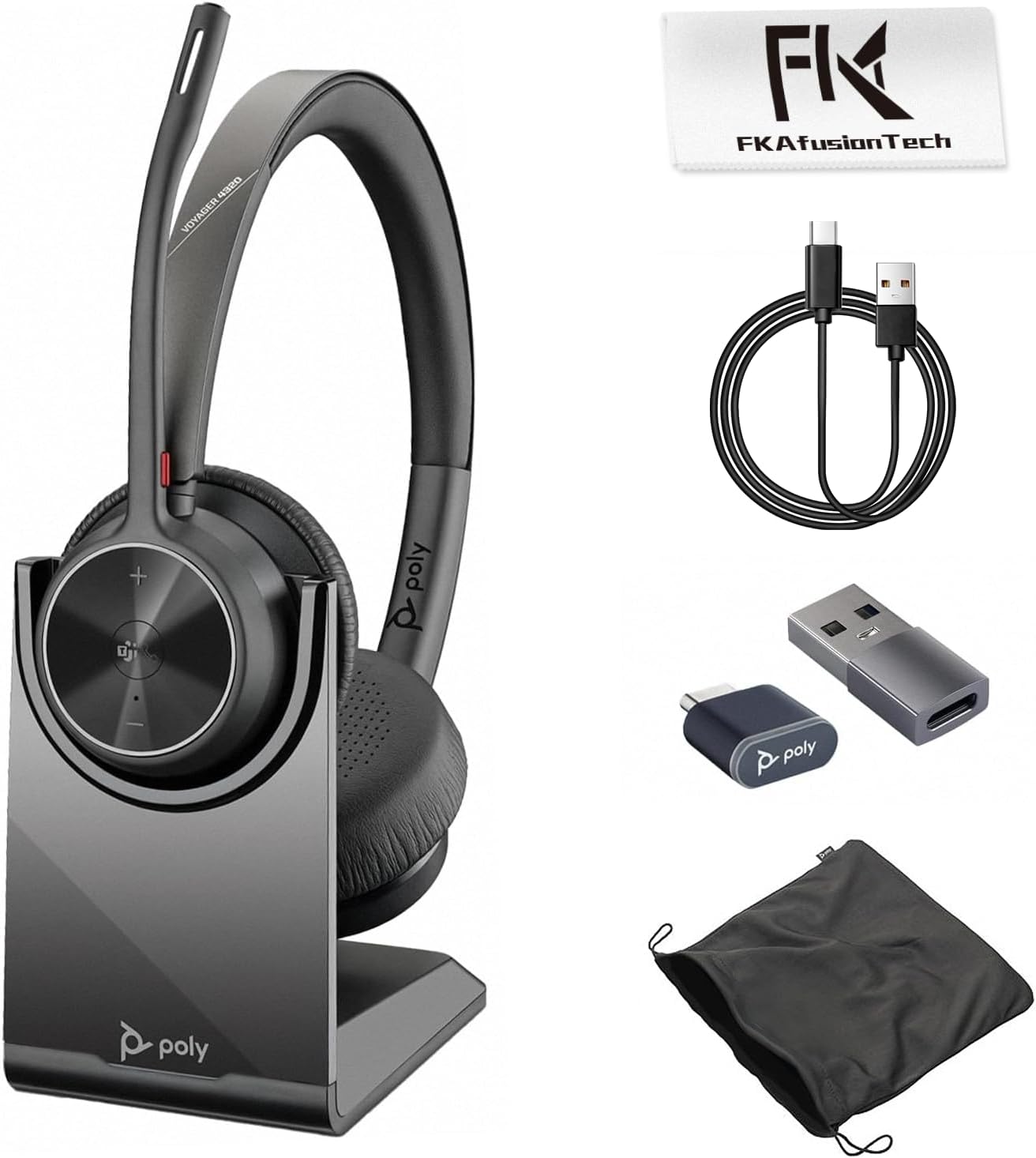Poly Voyager 4320 UC Wireless Headset & Charge Stand - Connects to PC/Mac/Mobile Phone via Bluetooth with USB-C to A Adapter & USB C Dongle & USB A-C Cable & Storage Bag and Fiber Cloth