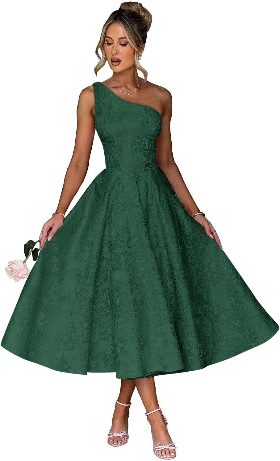 Jacquard Floral Satin Prom Dresses 2026 One Shoulder A-Line Midi Formal Evening Party Gown with Pockets for Women