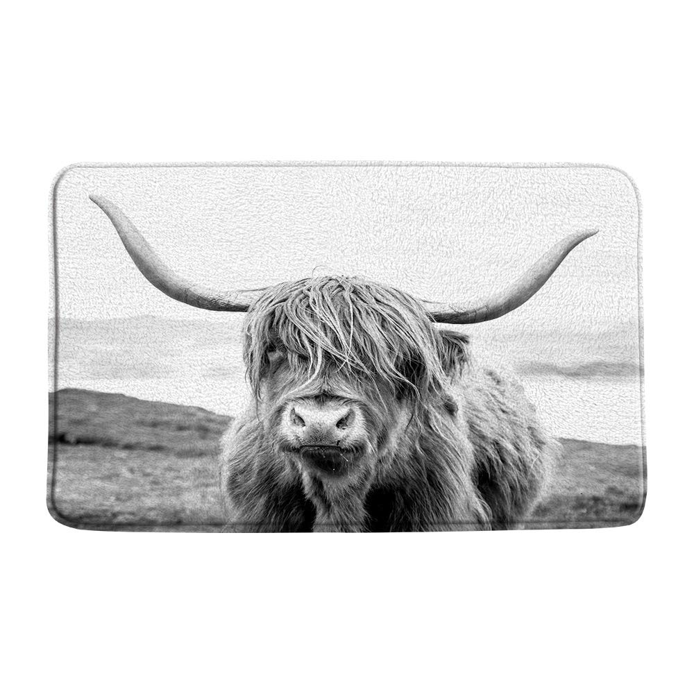 Farmhouse Highland Cow Bath Mat Western Funny Farm Animal Portrait of Longhorn Bull Rustic Print Microfiber Memory Foam Soft Doormat Kitchen Bathroom Mat/Rugs
