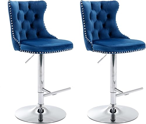 Miniatura 14 de Aoowow Juego de 2 taburetes de bar giratorios ajustables con respaldo de terciopelo copetudo, sillas de bar modernas tapizadas con cabeza de clavo
