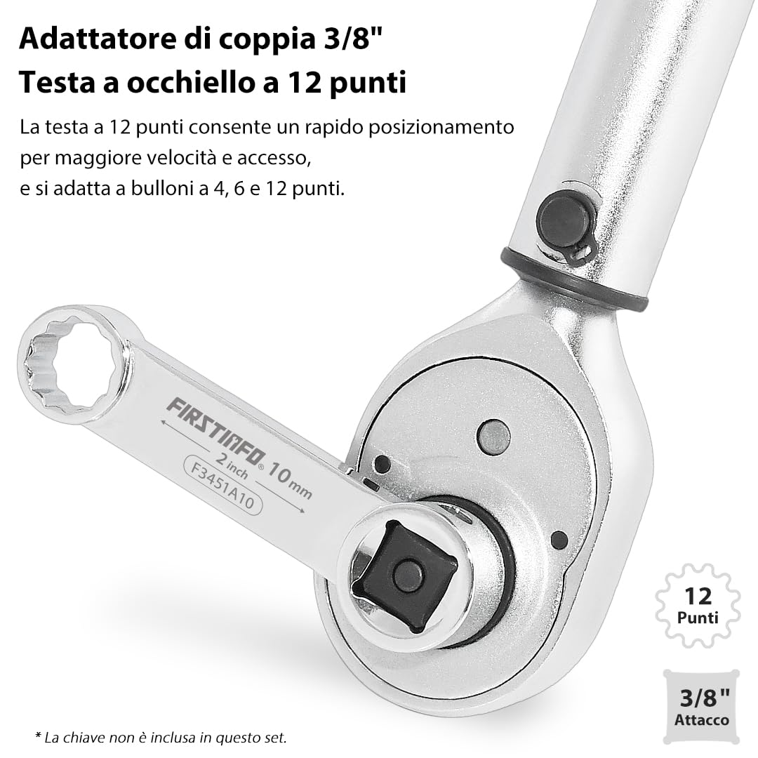 FIRSTINFO F3451A Set adattatori di coppia metrici a occhio 12 punti attacco 3/8" 10 pezzi in acciaio cromo vanadio con vassoio in schiuma EVA e valigetta da trasporto