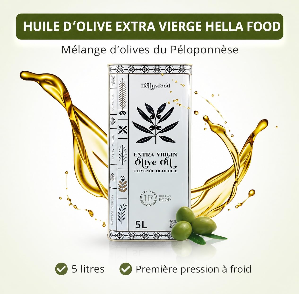 Hellas Food - Huile d’Olive 5L Extra Vierge - Pressée à Froid - Mélange Premium du Péloponnèse - Arôme Fruité - Riche en Antioxydants - Idéale pour Cuisine & Salades
