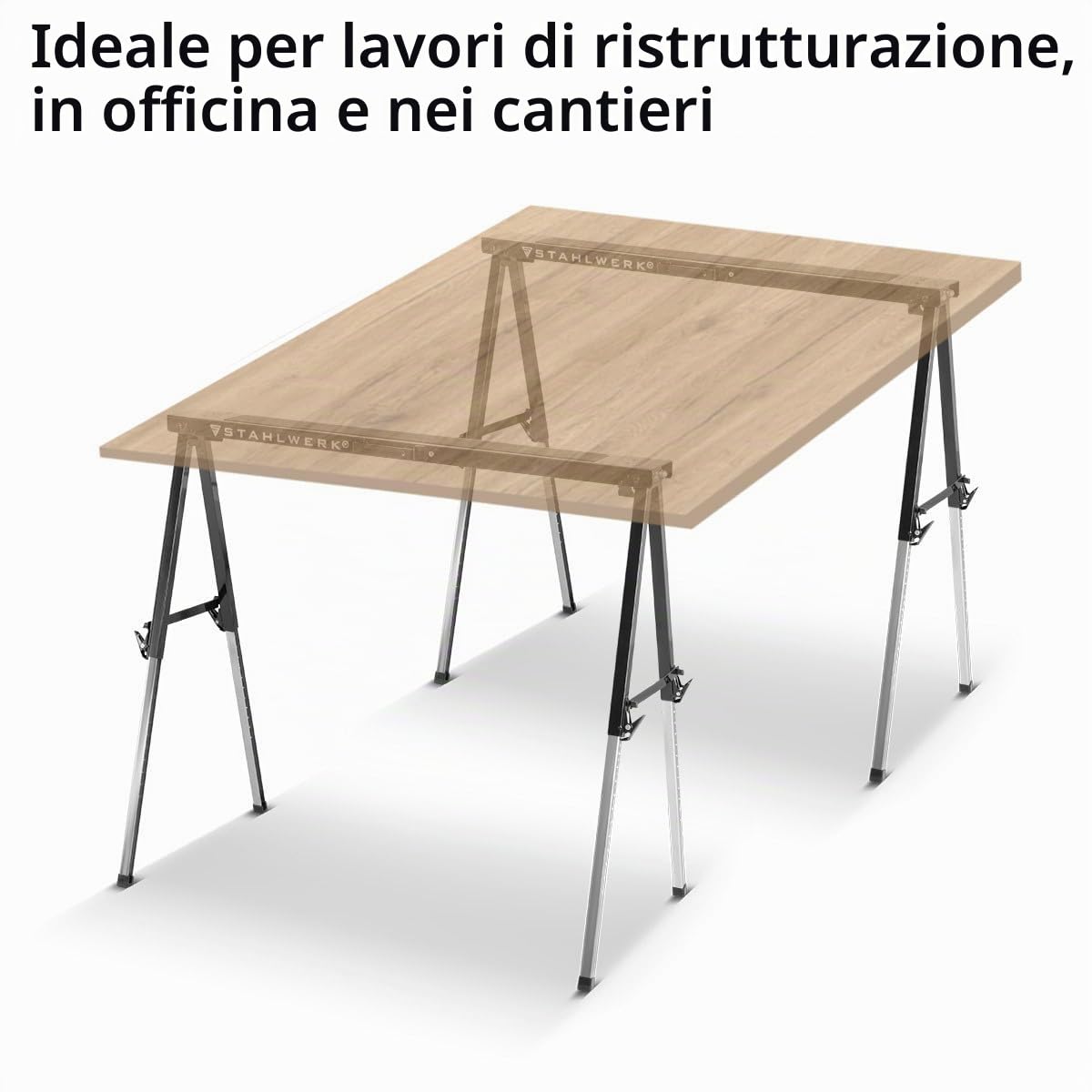 STAHLWERK SB-910 ST cavalletto da lavoro in set di 2 cavalletti in metallo verniciato a polvere, regolabile in altezza da 645 a 910 mm con portata di 150 kg e superficie antiscivolo