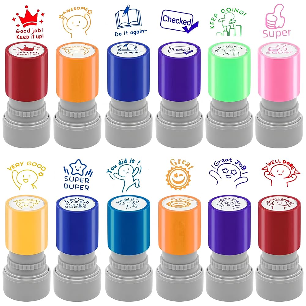 12PCS Teacher Stamps Set, Teachers Self-Inking Rubber Stamps, Colourful Review Stamp for Grading Homework Test Motivation, Classroom Incentive Rewards, Teachers Supplies Gifts