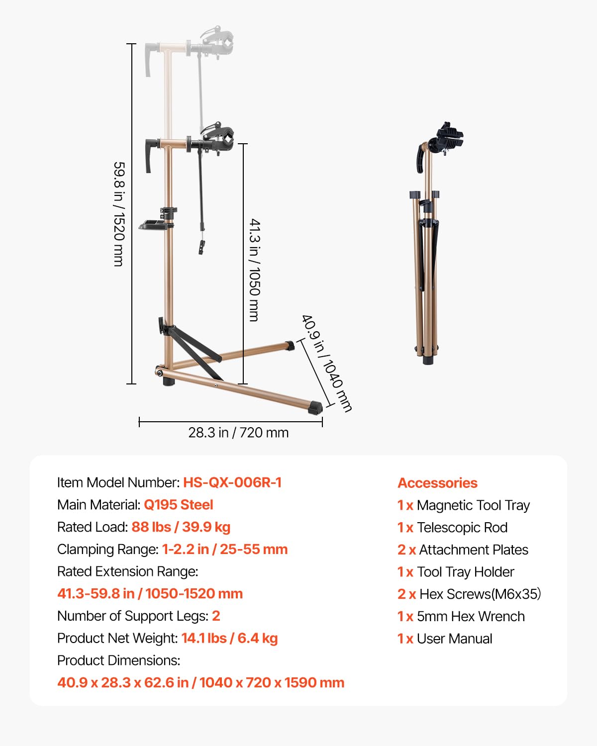 VEVOR Pied d'atelier vélo, hauteur réglable de 105-152 cm, support de réparation de vélo robuste, charge 39,9 kg, stand de bicyclettes avec plateau à outils magnétique, pour vélos de montagne et route