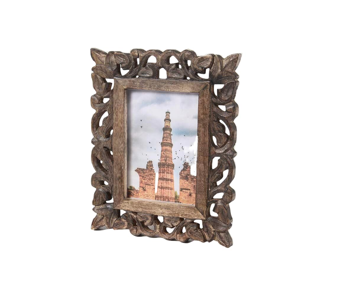 Hand Carved Mango Wood Rustic 5x7 Picture Frame with Real Glass - Aesthetic Vintage Wood Frame for Tabletop