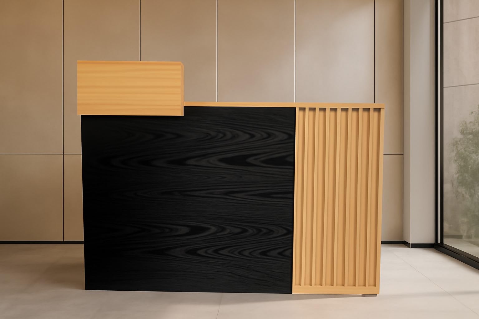 Jet-Line Bancone di ricezione Avignon, reception, bancone di reception, postazione di lavoro per salone, studi, studi o uffici, nero con effetto legno, 120 x 50 x 75 cm