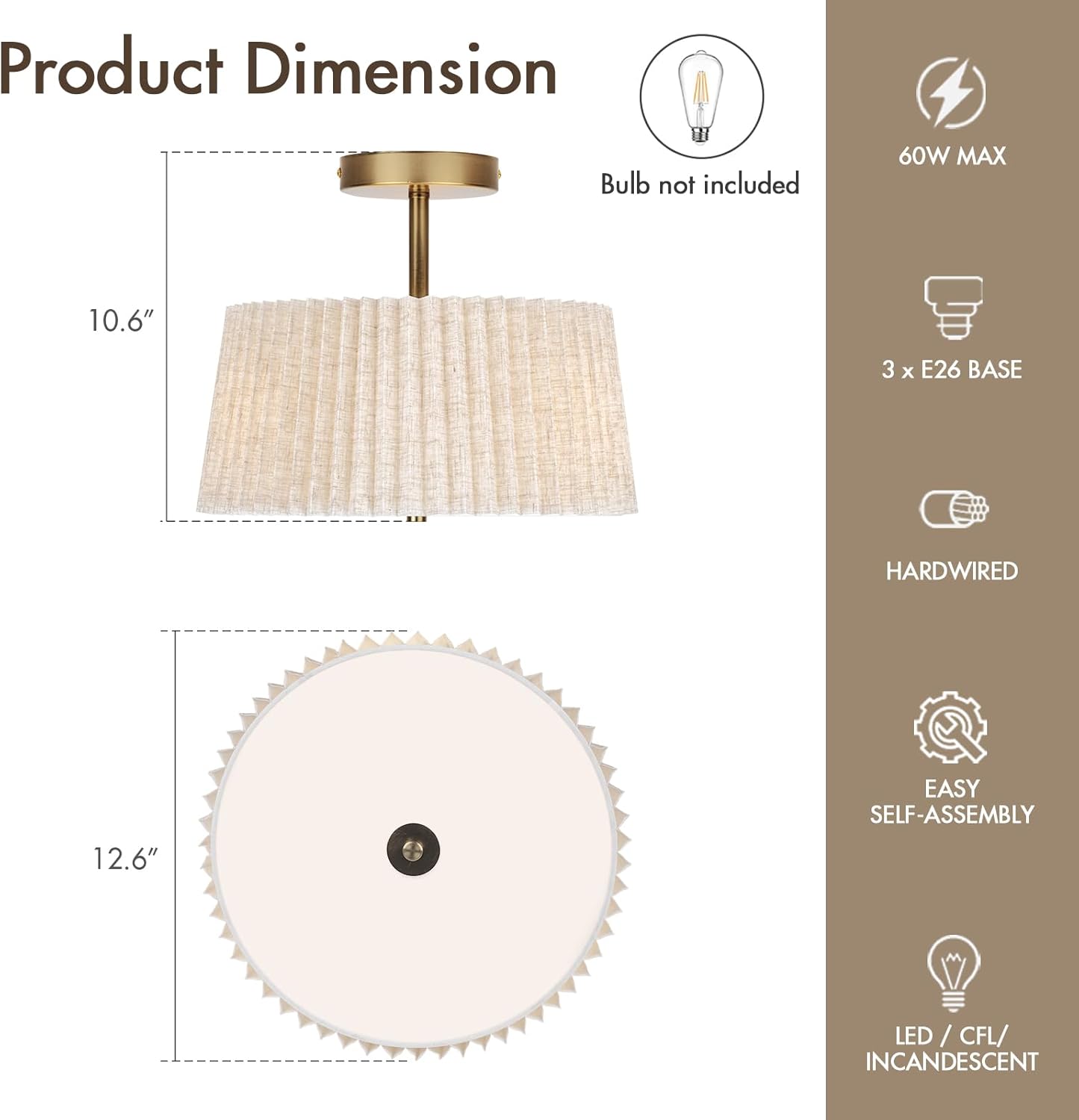 13 Inch Linen Pleated Semi Flush Mount Ceiling Light Fixture, Modern Cone Drum Dimmable Lamp for Bedroom, Kitchen, Dining Room, Hallway, Nursery, Entryway, Foyer Lighting, Gold