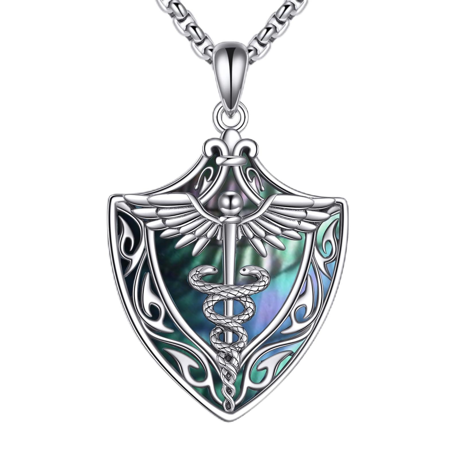 Staff of Caduceus Necklace 925 Sterling Silver Shield Staff Angel Wings Pendant Talisman Nurse's Day Christmas Gifts for Nurses