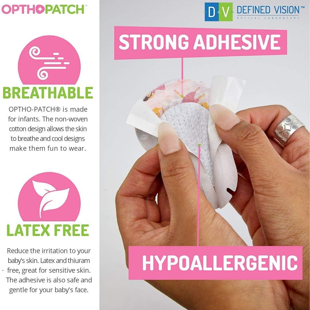 OPTHOPATCH Eye Patches for Infants - Fun Girls Design - 60 + 10 Bonus Latex Free Hypoallergenic Cotton Extra Sensitive Adhesive Bandages for Amblyopia & Lazy Eye