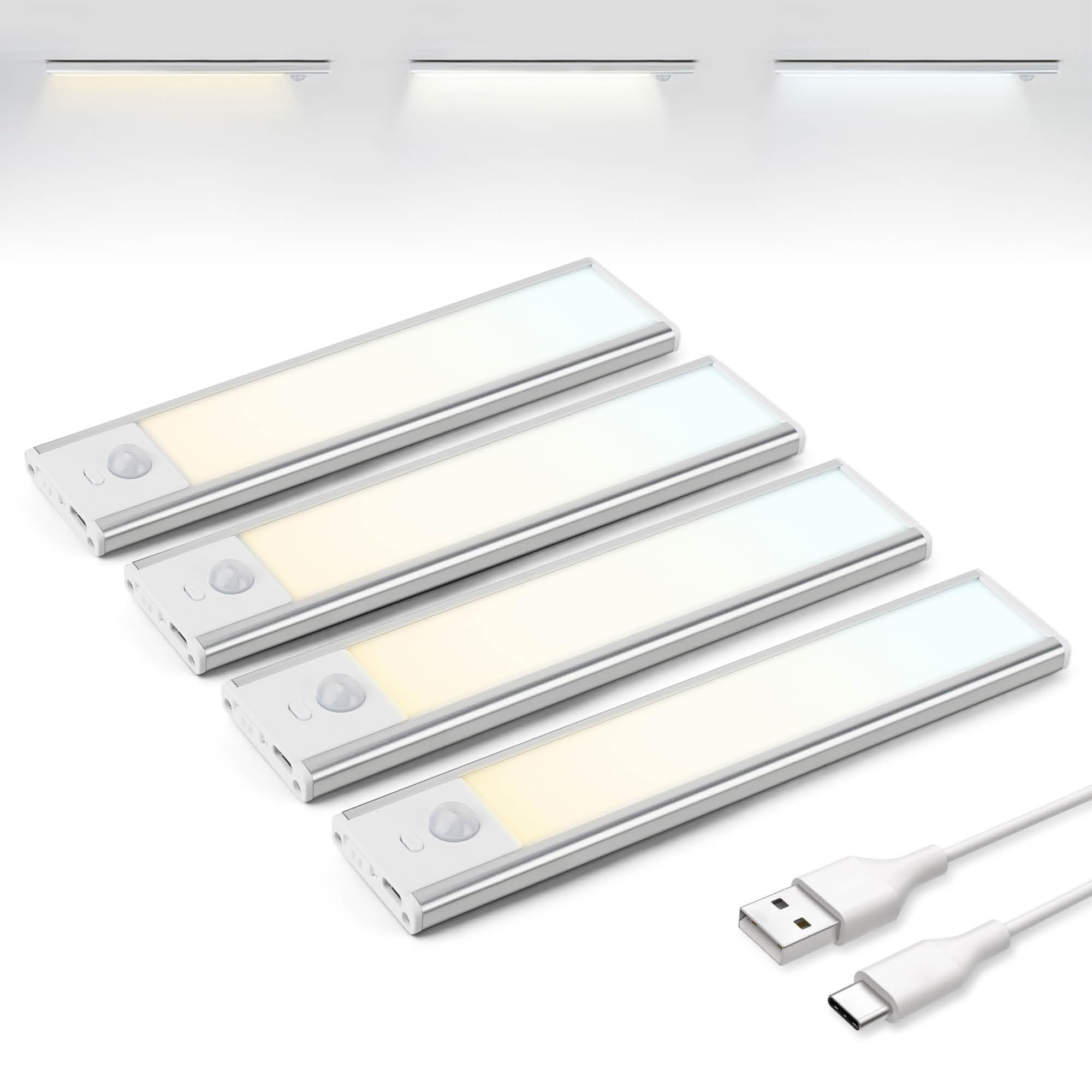 Brendz Schranklicht mit Bewegungsmelder, Kleiderschrank Beleuchtung, 4 x 20cm, 3 Farbtemperaturen, Aufladbar, Dimmbare Schrankbeleuchtung, Led Lichtleiste Kabellos, Silber
