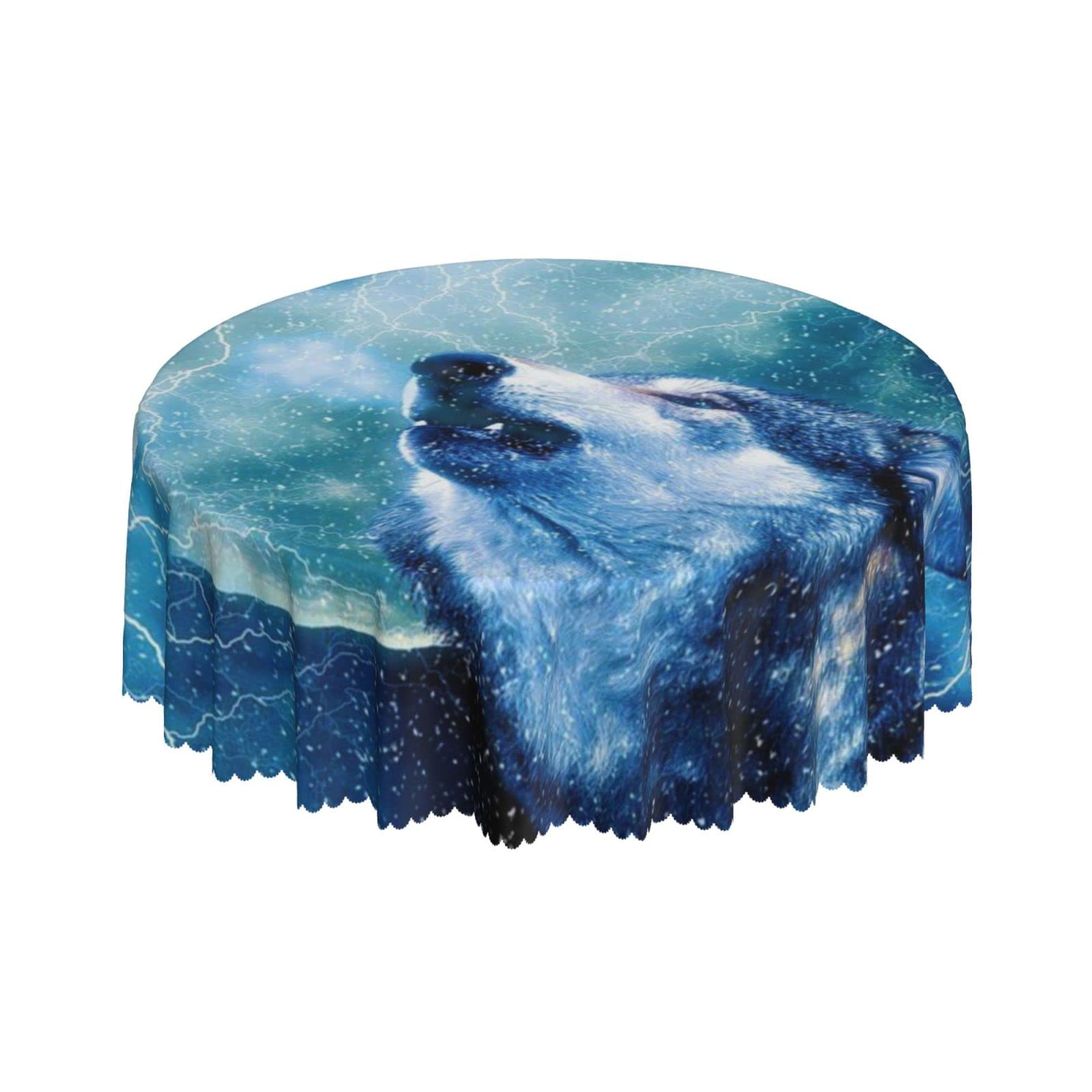 Lsjuee Wolf Lightning Cool Round Tablecloth 60 Inch Printed Washable Tablecloth for Dining Party Holiday Fall Home Decorative