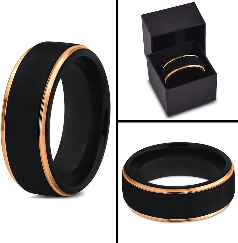 Midnight Rose Collection Tungsten Wedding Band Ring 8mm for Men Women 18k Yellow Gold Plated Step Edge Black Brushed Polished | 
