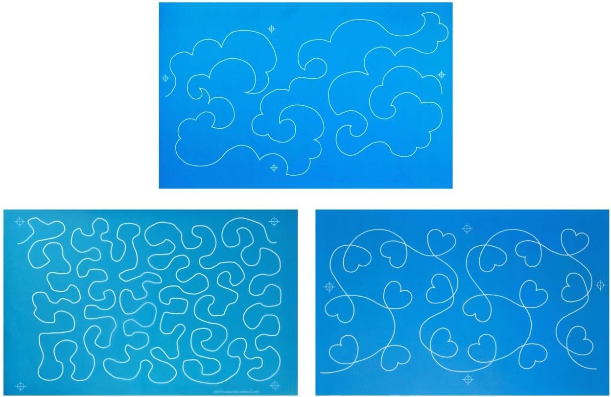 Full Line Stencil 3-Pack Edge to Edge - Cloudy Skies, Large Stipple Meander, & I Love It - Continuous Line Templates for Free Motion Quilting, Domestic Machine, Hand, Long-Arm Quilting