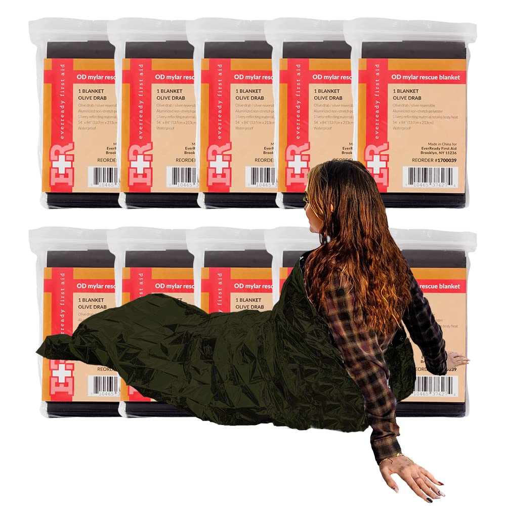 Ever Ready First Aid Mylar Rescue Blanket, Large Olive Thermal Sheet for Emergency and Survival, 54” x 84” – 10 Count