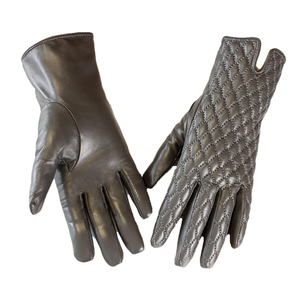 Damen-Winterhandschuhe aus Schaffell, mit Touchscreen, Stickerei, Fleecefutter, hält warm, Lederhandschuhe, grau, 9, Rautenraster, Größe 38, 40, Grau9 Diamantraster, 8 12