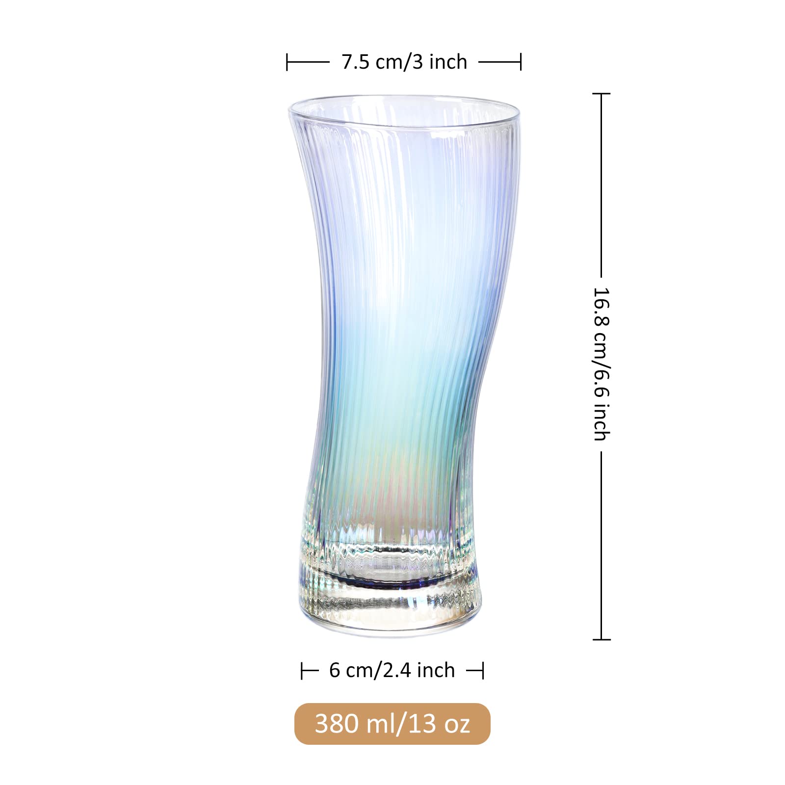 Joeyan 380ml Vasos de Agua,Juego de 4 Iridiscentes Jugo Tumbler,Elegante Vasos Acanalados de Colores para Cócteles, Bebidas Mixtas, Cerveza,en Casa, Restaurante y en Fiestas,Apto para Lavavajillas