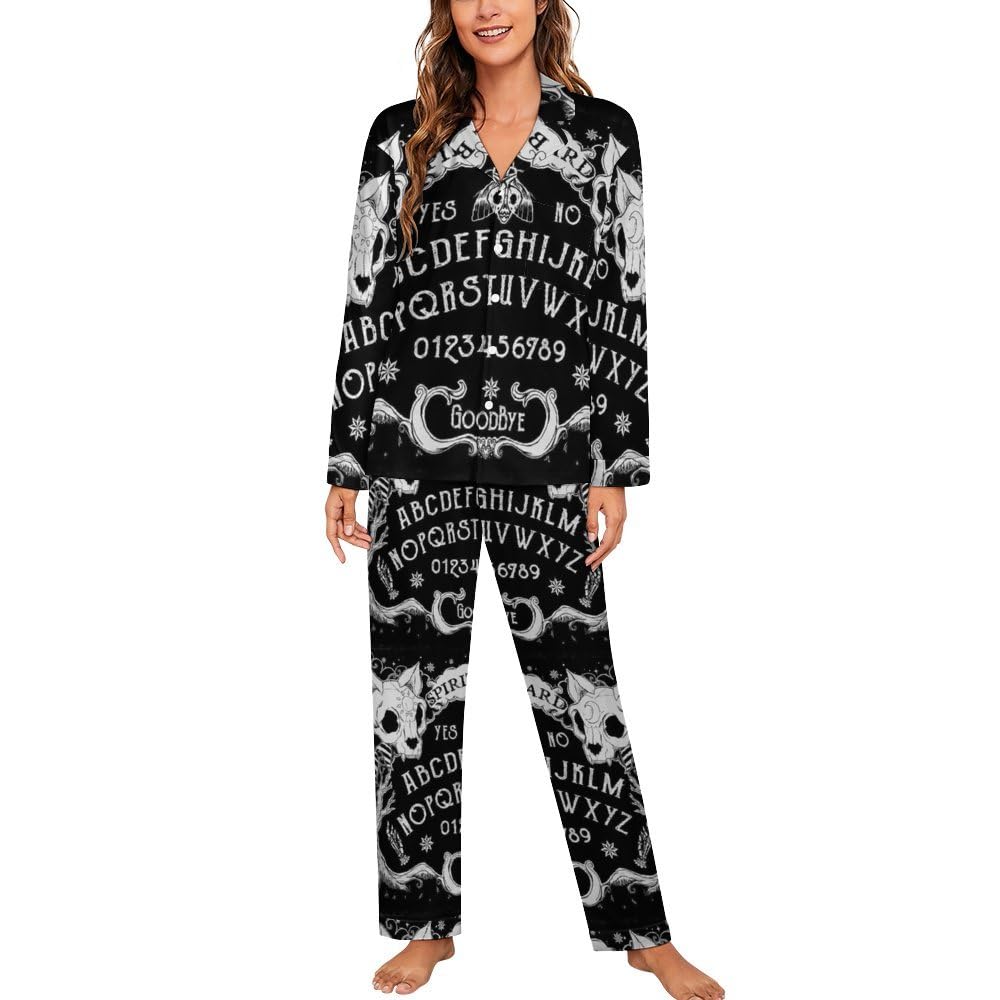 Qjjinxior Sleepwear,Cat Skull Head Witch Board Black Gothic Pyjama Sets,Women Long Sleeve Loungewear with Pockets