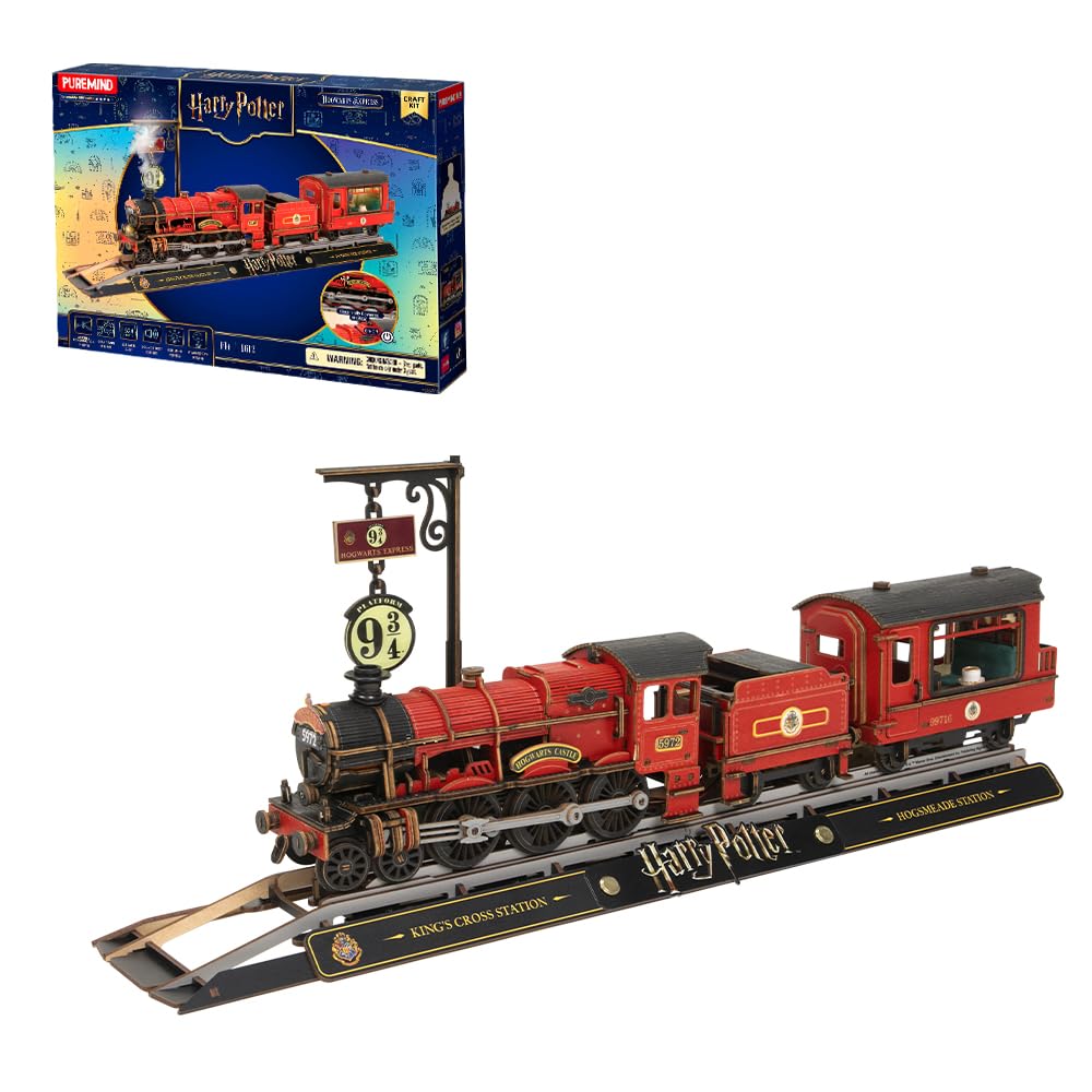 PUREMIND Harry Potter Hogwarts Express, puzzle 3D, oficjalna licencja | Ruchoma lokomotywa, peron 9¾, światło, para i dźwięk, mechaniczna konstrukcja, ekspozycja na półce lub w witrynie