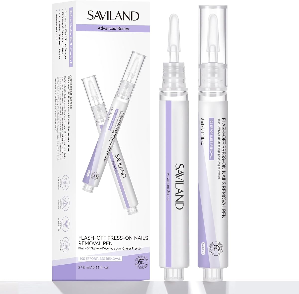 SAVILAND Solid Nail Glue Remover Pen: 10s Quick Removal Nail Glue Remover for Press on Nails with Vitamin E Castor Oil 2 Pcs Acetone-free Alcohol Free Click & Remove for Fake Nails Tips