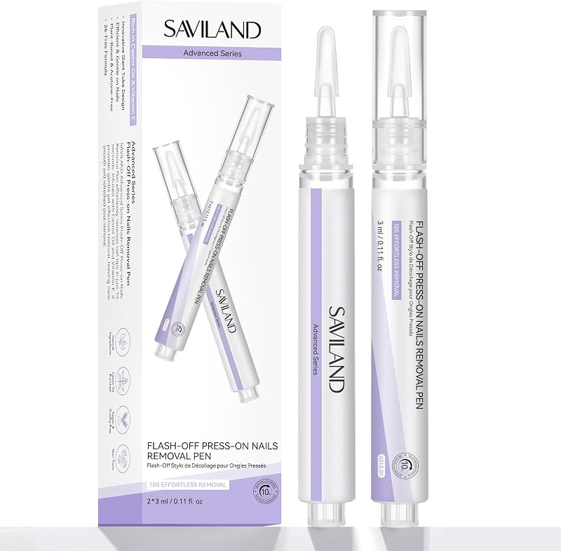 SAVILAND Solid Nail Glue Remover Pen: 10s Quick Removal Nail Glue Remover for Press on Nails with Vitamin E Castor Oil 2 Pcs Acetone-free Alcohol Free Click & Remove for Fake Nails Tips