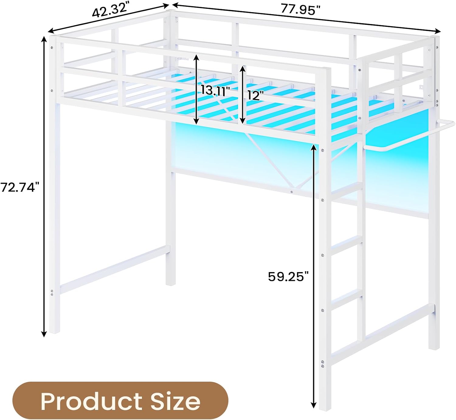 Diagram showing the product dimensions of the Hasuit Twin Loft Bed: 77.95 inches L, 42.32 inches W, 72.74 inches H, with 59.25 inches clearance underneath.