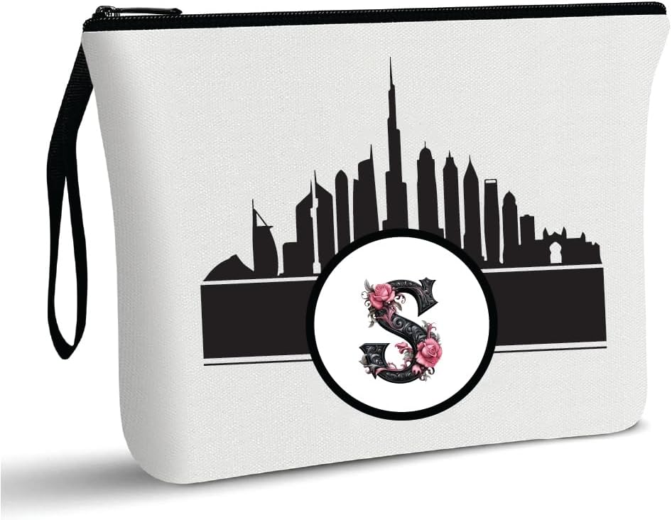 Initial Monogram Cosmetic Pouch with Dubai Skyline Design - Personalized Dubai Skyline Cosmetic Bag for Travelers with Full Zipper - Makeup Organizer For Women - Gift for Makeup Lovers (S)