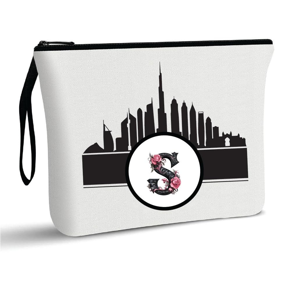 Initial Monogram Cosmetic Pouch with Dubai Skyline Design - Personalized Dubai Skyline Cosmetic Bag for Travelers with Full Zipper - Makeup Organizer For Women - Gift for Makeup Lovers (S)