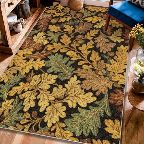 Oak Leaves Area Rug, Autumn Nature-Inspired Acorns Vines Fall Brown