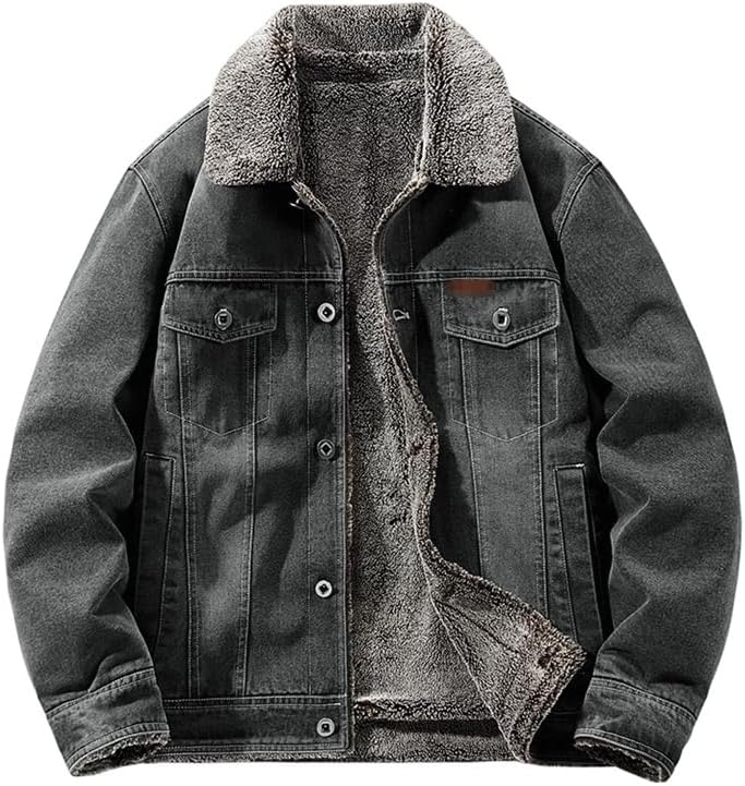 Men's Long Sleeve Lapel Jacket Fleece-Lined Thick Lapel Collar Workwear Cotton Jacket Warm Outerwear