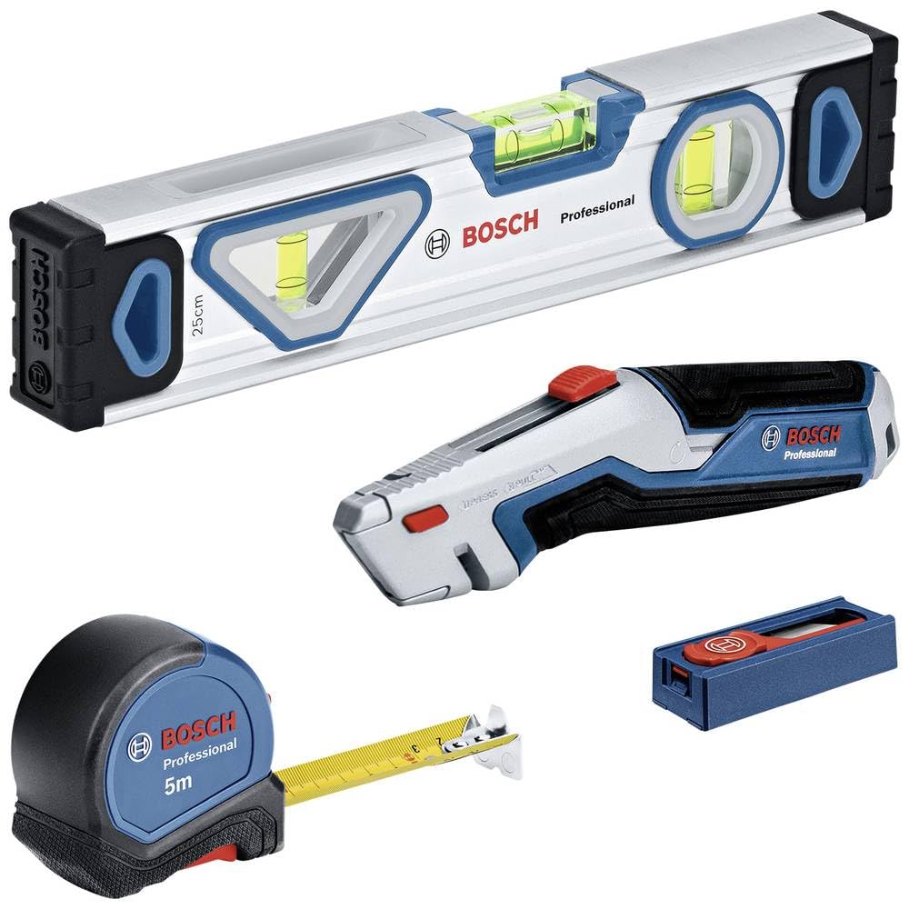 Bosch Professional set d'outils à main 4 pièces (avec niveau à bulle 25 cm, mètre ruban de 5 m, cutter universel avec lame extractible et set de 10 lames de rechange)