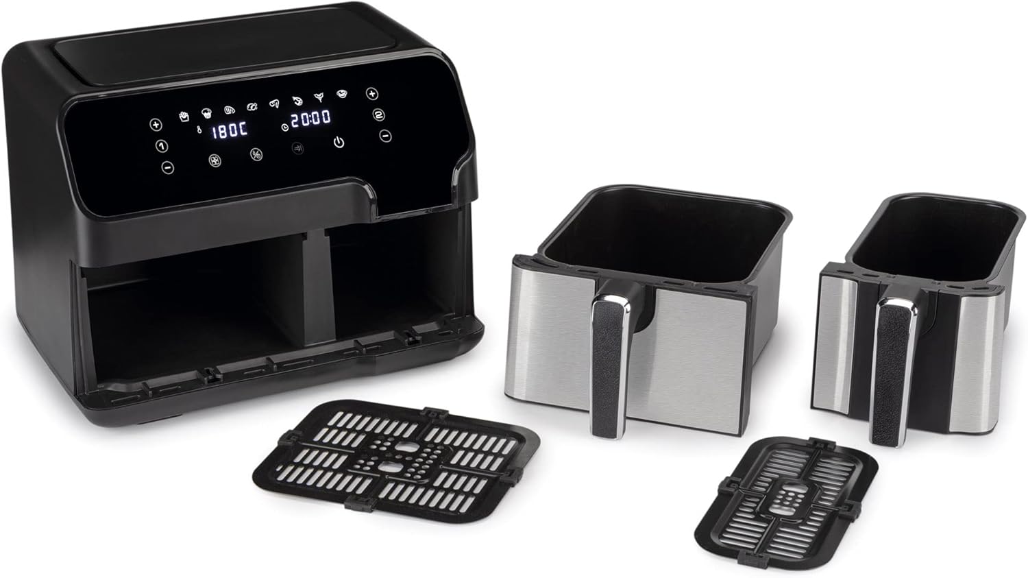 JATA JEFR1228 - Friggitrice ad aria senza olio da 9 litri con due cestelli indipendenti Pannello di controllo digitale 8 funzioni Timer fino a 60 minuti Temperatura: 80-200° Privo di BPA JATA JEFR1228 - Friggitrice ad aria senza olio da 9 litri con due cestelli indipendenti Pannello di controllo digitale 8 funzioni Timer fino a 60 minuti Temperatura: 80-200° Privo di BPA