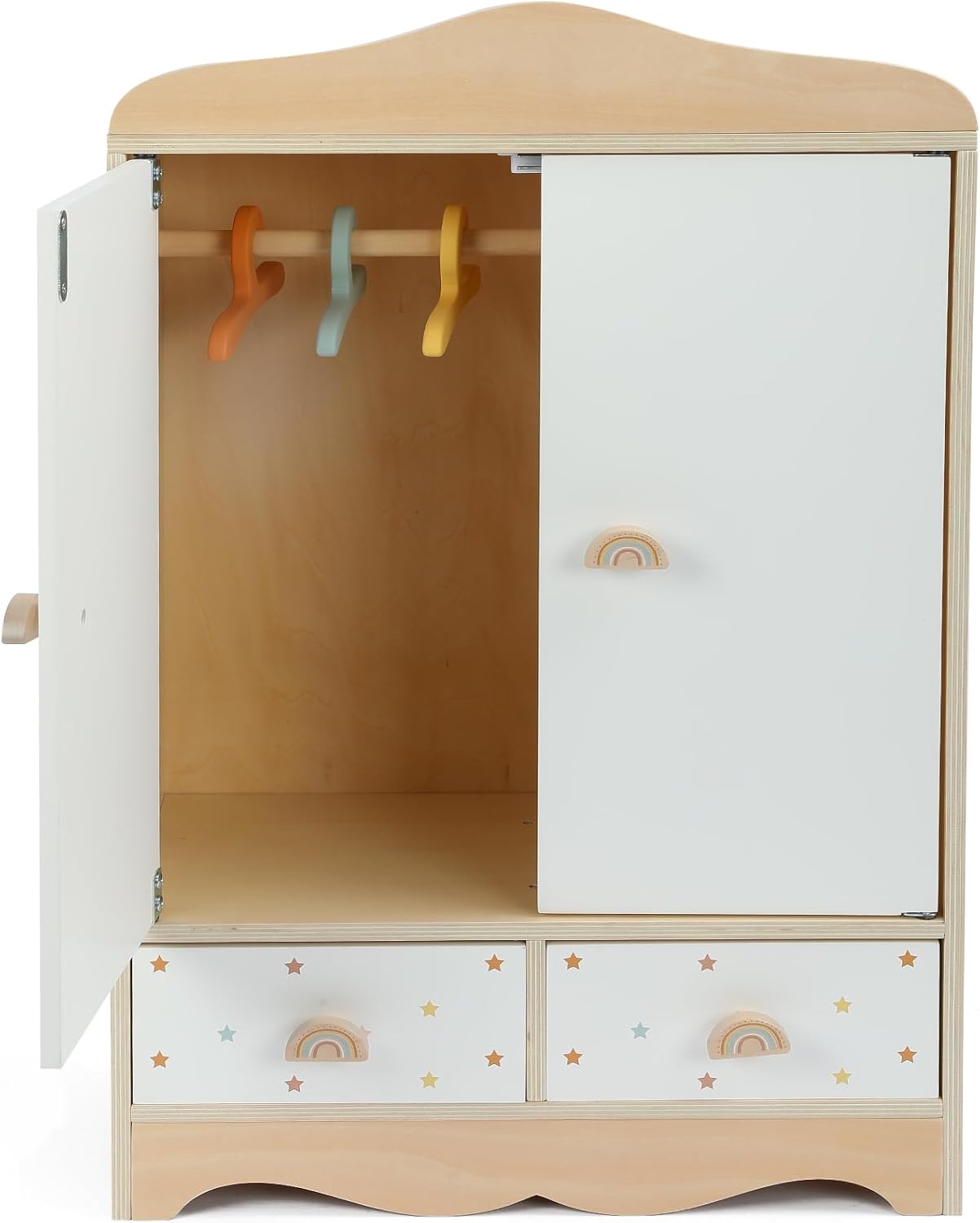 Freniland Wooden Doll Closet Wardrobe with Doors, 3 Hangers & 2 Drawers, Doll Armoire Furniture for 16–20 Inch Dolls, Pretend Play Storage Cabinet Gift for Girls Ages 3+