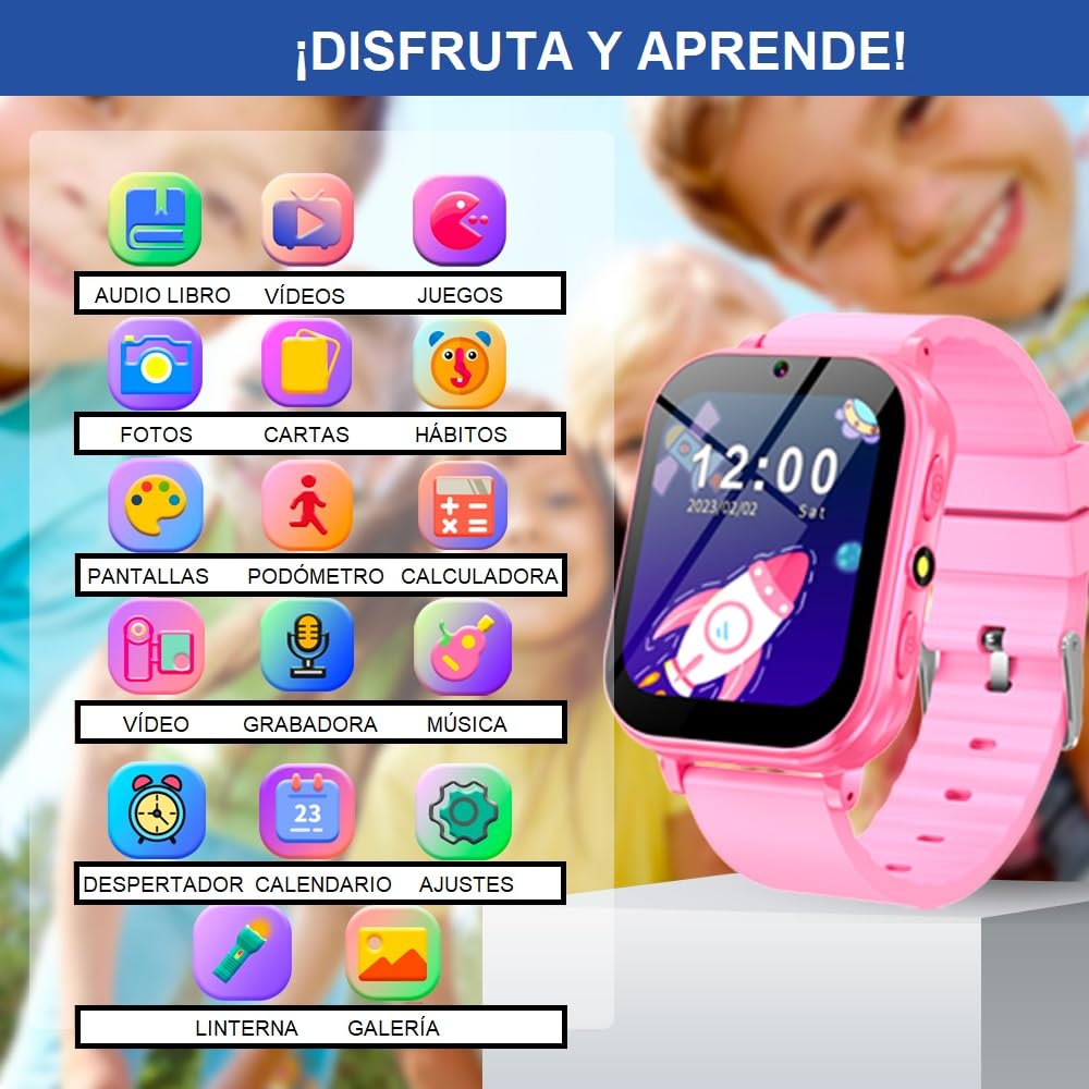 ABUBU SmartWatch para Niños y Niñas, Reloj Inteligente, Fasion, 3 a12 Años, 31 Juegos, Cámara, Grabadora, Calculadora, Despertador y HD Pantalla Táctil, Regalos para Niños y Niñas, Kids A18 (Rosa)