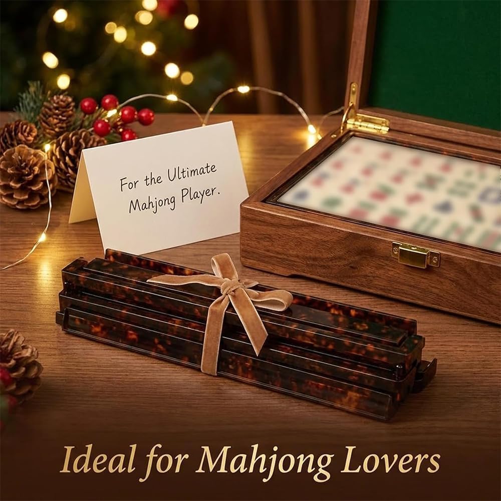 Tortoise Shell Mahjong Racks Set of 4 with Magnetic Pushers, 17.5" Extended Acrylic Mahjong Tile Holders, Anti-Slip Design, Compatible with American & Traditional Mahjong Sets (4PC)