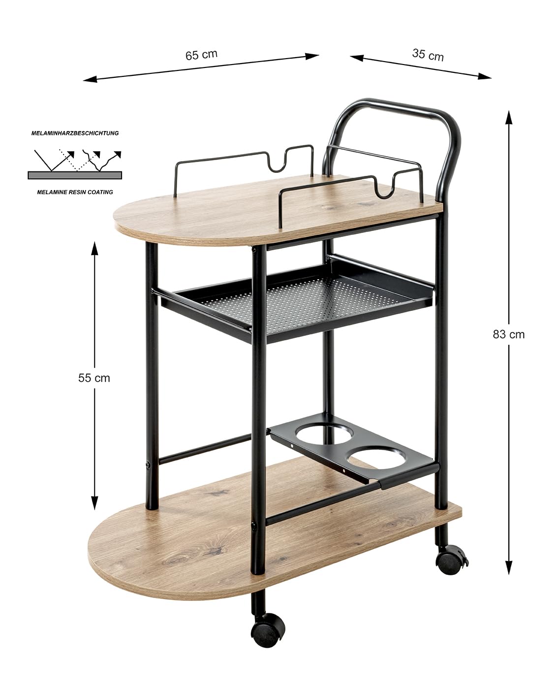 HAKU Carrello da Cucina rovere chiaro, nero, MDF, Metallo - Dim: L 65 x A 83 x P 35 cm, Stile: Moderno