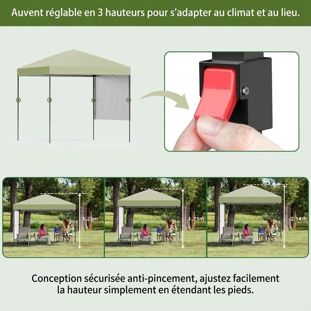 Tonnelle Pop-Up 2.2x2.2m Imperméable & Anti-UV avec Pare-Chaleur, Installation Facile + Panneau Latéral, Abri de Jardin Portable + Sac de Rangement, Couleur Vert Clair