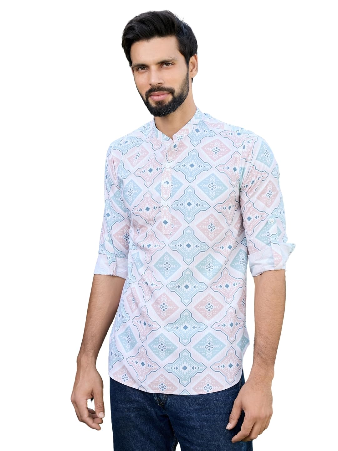See Designs Men's Roll-Up Sleeve Mandarin Collar Peach-Green Geometric Printed Rayon Short Kurta - Sdkt2944M