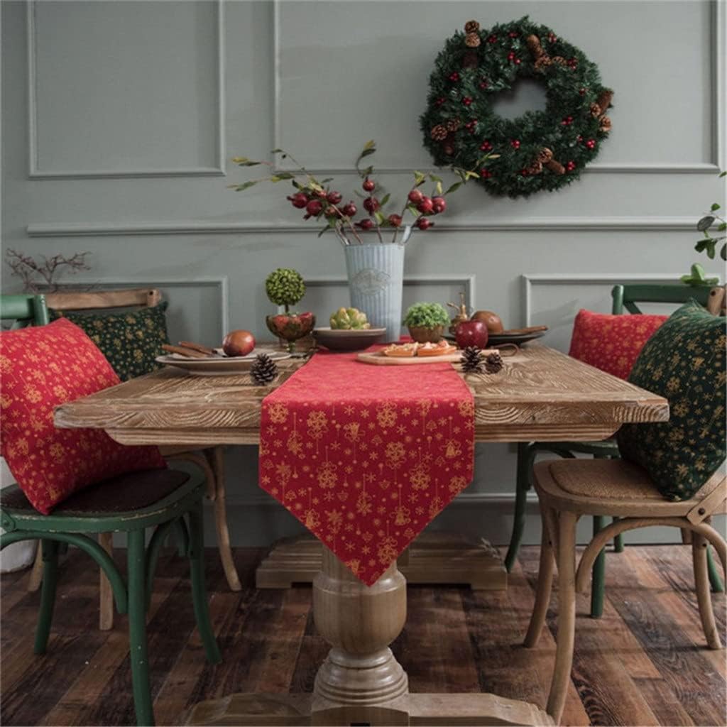 Christmas Gold Bells Red Table Runner Decoracao Mesa Jantar Cotton Linen Toalha Mesa Natal for Party(30x180cm)
