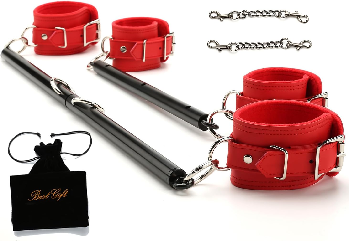 Bar Set 2Pcs, Adjustable Black Stainless Steel Workout Bar, Exercise Bar, 4Pcs Red Straps Expandable, Stretching Fitness Gear,Yoga Pilate Training, Home Gym Kit