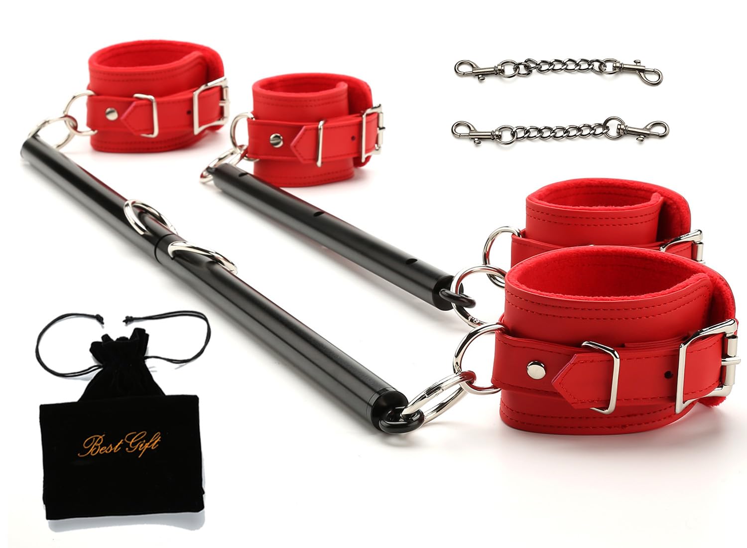 Spreader Bar Set 2Pcs, Adjustable Black Stainless Steel Workout Bar, Exercise Bar, 4Pcs Red Straps Expandable, Stretching Fitness Gear,Yoga Pilate Training, Home Gym Kit