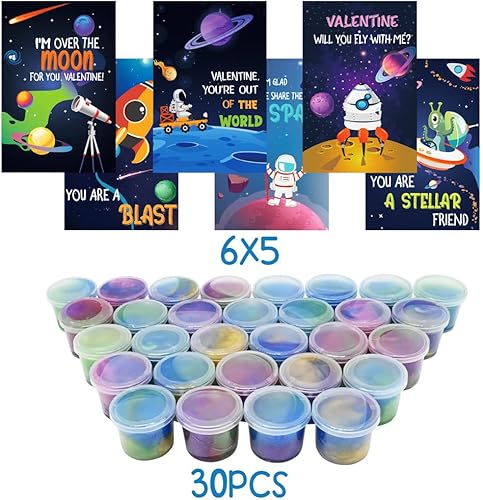 Miniatura 3 de 30 paquetes de limo de galaxia de San Valentín, juguete para aliviar el estrés con tarjetas de regalo del día de San Valentín para niños, tarjetas
