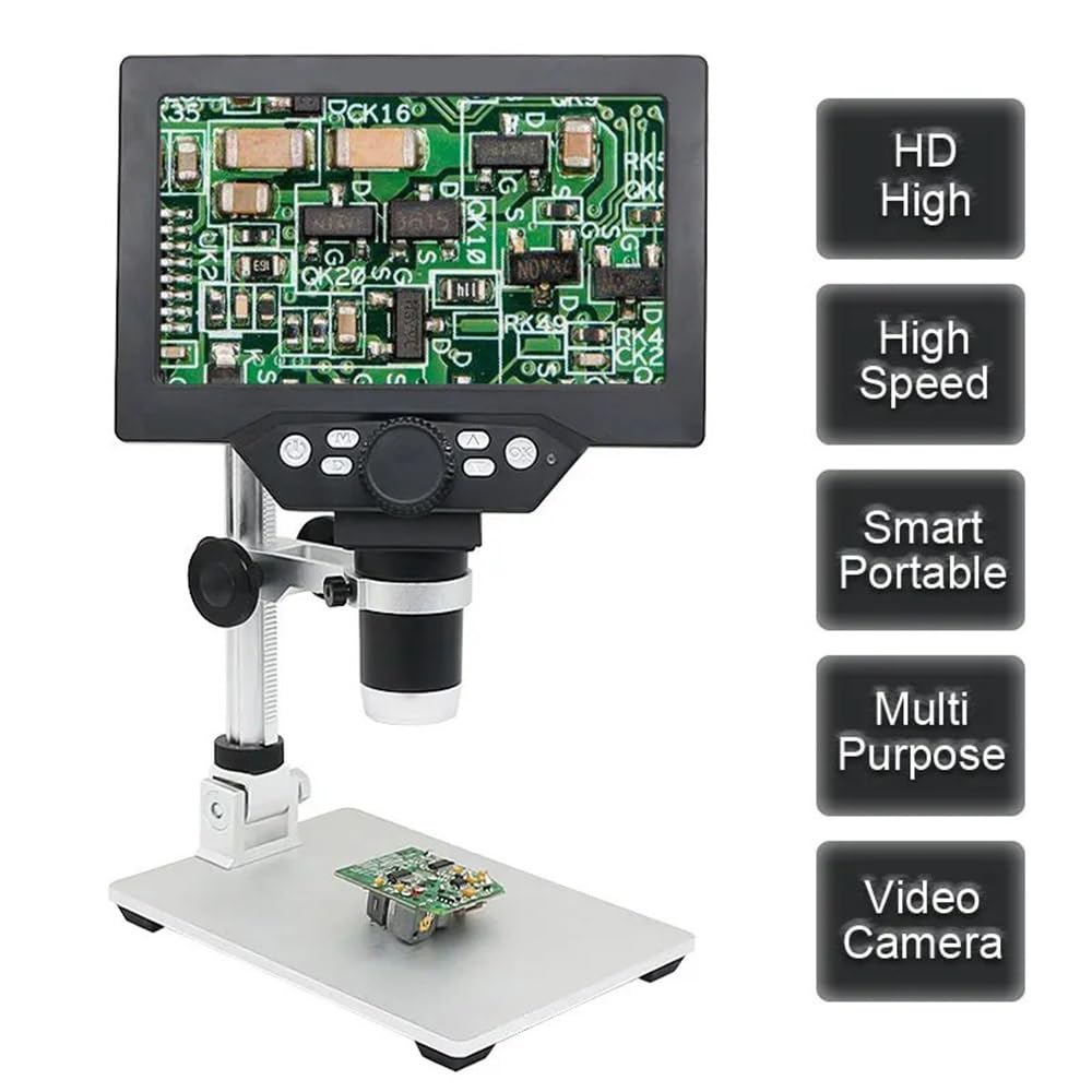 7-Zoll-LCD-Digitalmikroskop, 1200-Fache Vergrößerung, Tragbares Videomikroskop (12 Mp) Für Lötarbeiten, Leiterplatteninspektion, Stufenloser Zoom, Netzbetrieb (Ohne Batterie).