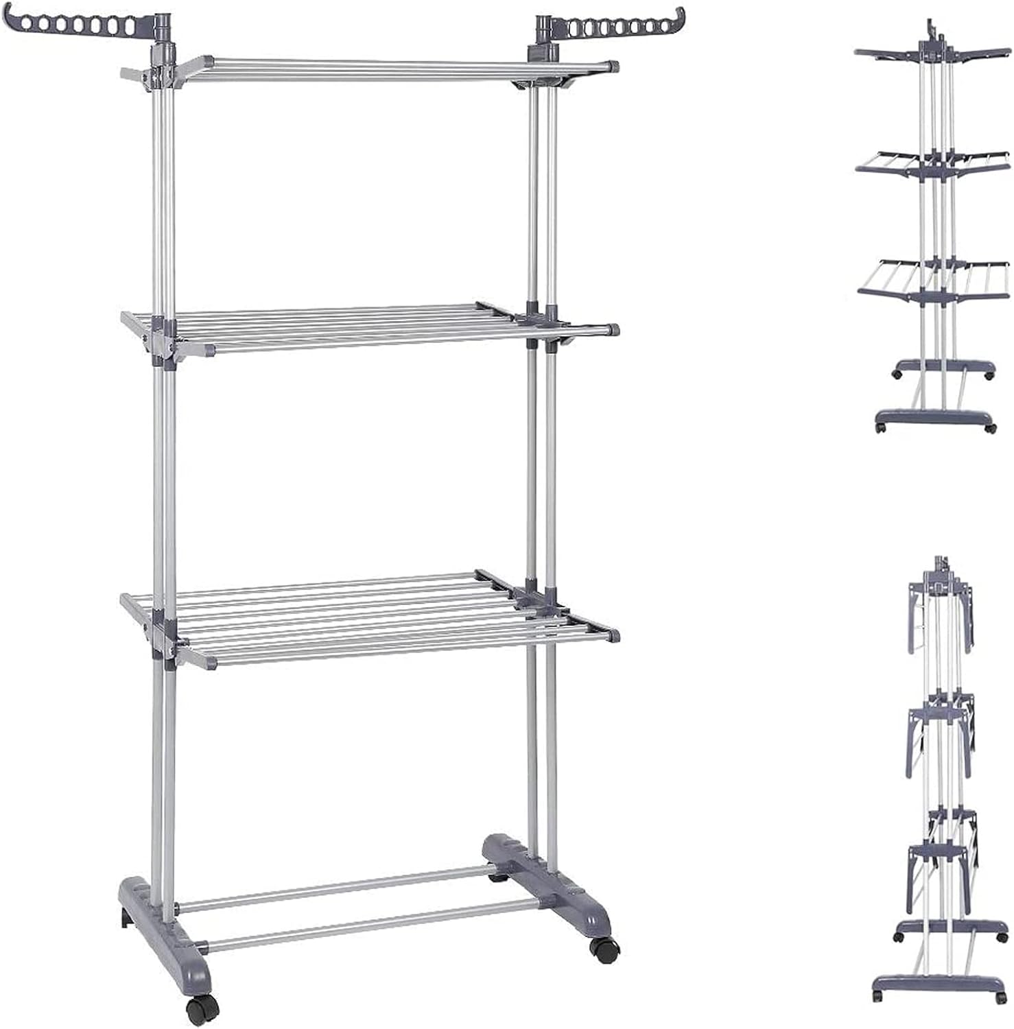 4-Tier Foldable Clothes Drying Rack with Casters, Tall Metal Laundry Hanger for Indoor/Outdoor Use, Portable Garment Airer in Grey, Space-Saving Design